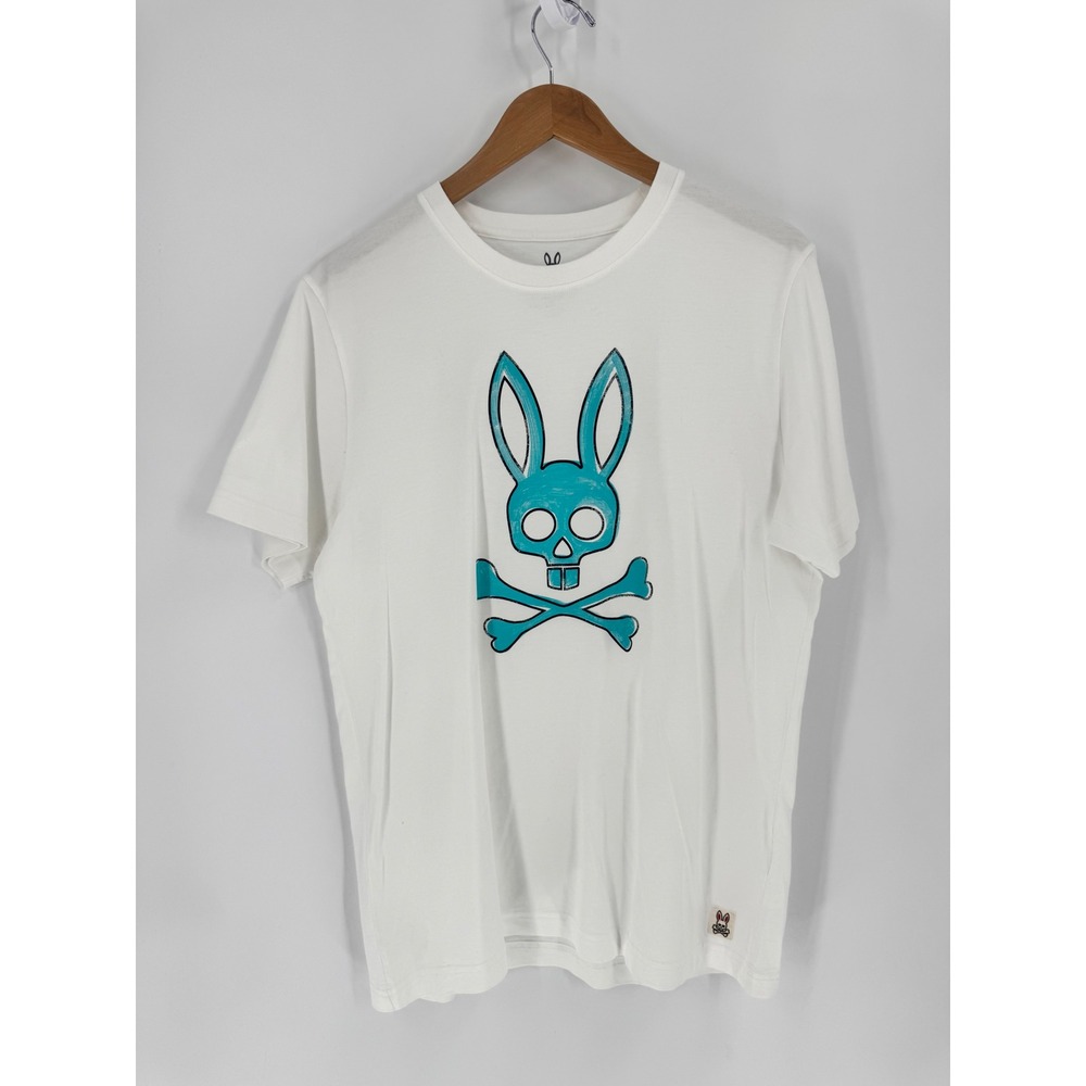 Psycho Bunny Graphic Tee Mens 5 (Medium) White Teal Skull Crossbones Pima TShirt